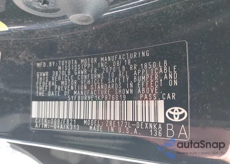 2019 Toyota Corolla Le from USA, damaged, VIN 5YFBURHE1KP876019